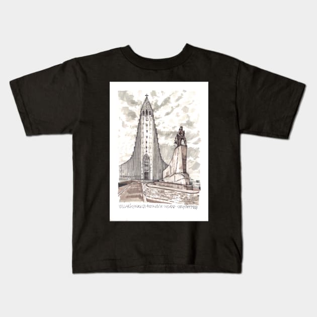 Hallgrímskirkja Church, Reykjavík, Iceland Ink Drawing Kids T-Shirt by christoff3000